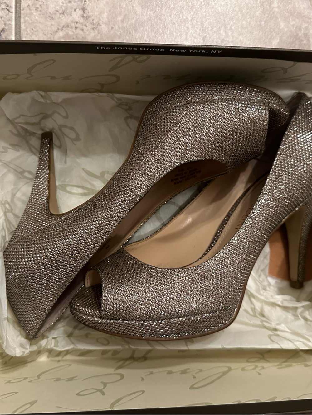 Enzo Angiolini Champagne Glitter Peep-Toe Pumps